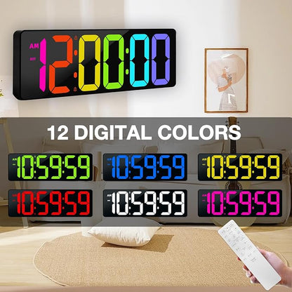 17.2" Large Digital Timer Wall Clock with Remote Control, Count Down Up Digital Timer, Auto DST LED Big Digital Clock for Bedroom Kitchen Living Room Office Gym Home Decor, RGB