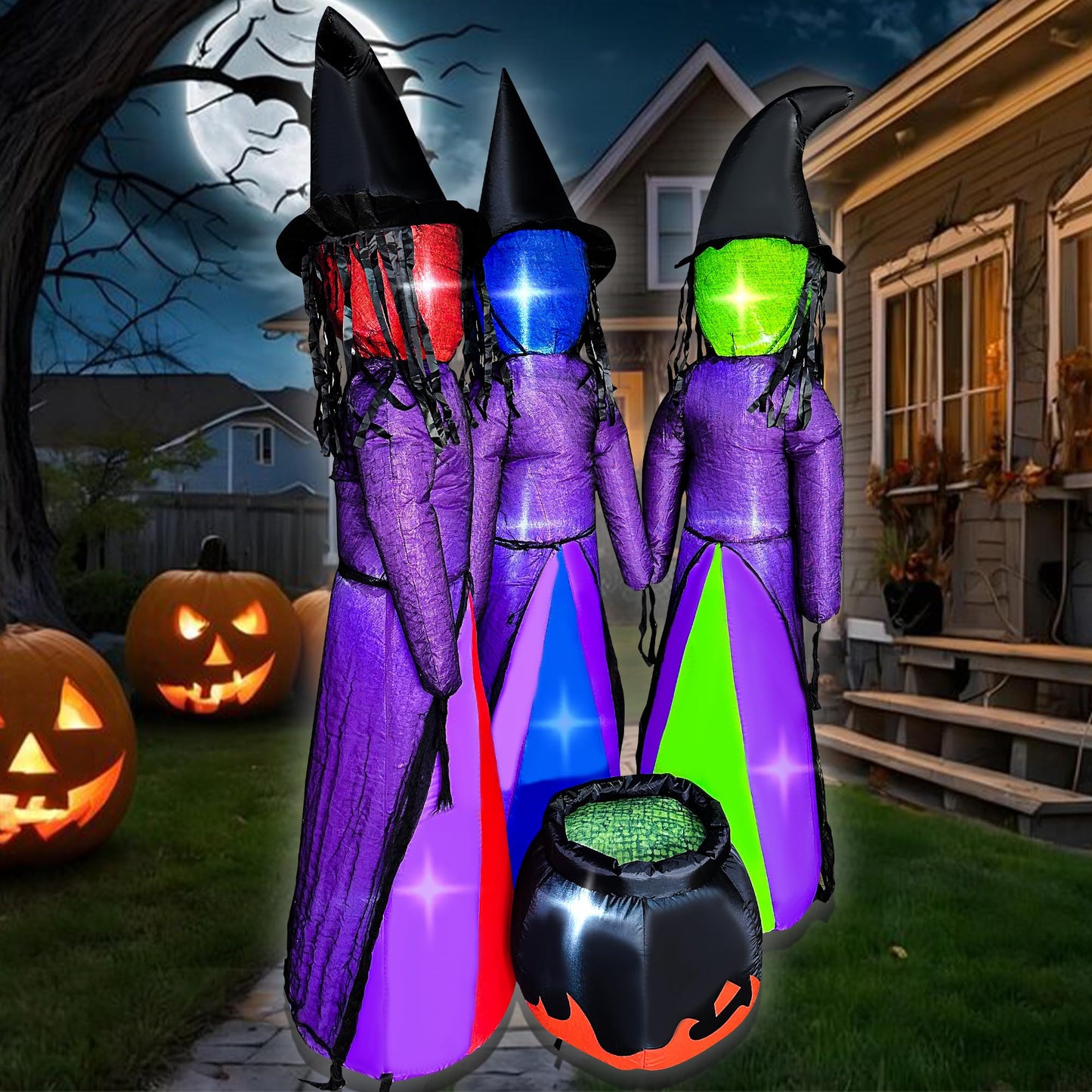 BLOWOUT FUN 6 FT Halloween Inflatables 3 Holding Hands Witches with Cauldron Blow Up Inflatables Halloween Faceless Witch Decorations with Build-in LEDs for Home Yard Lawn Garden Party Decor