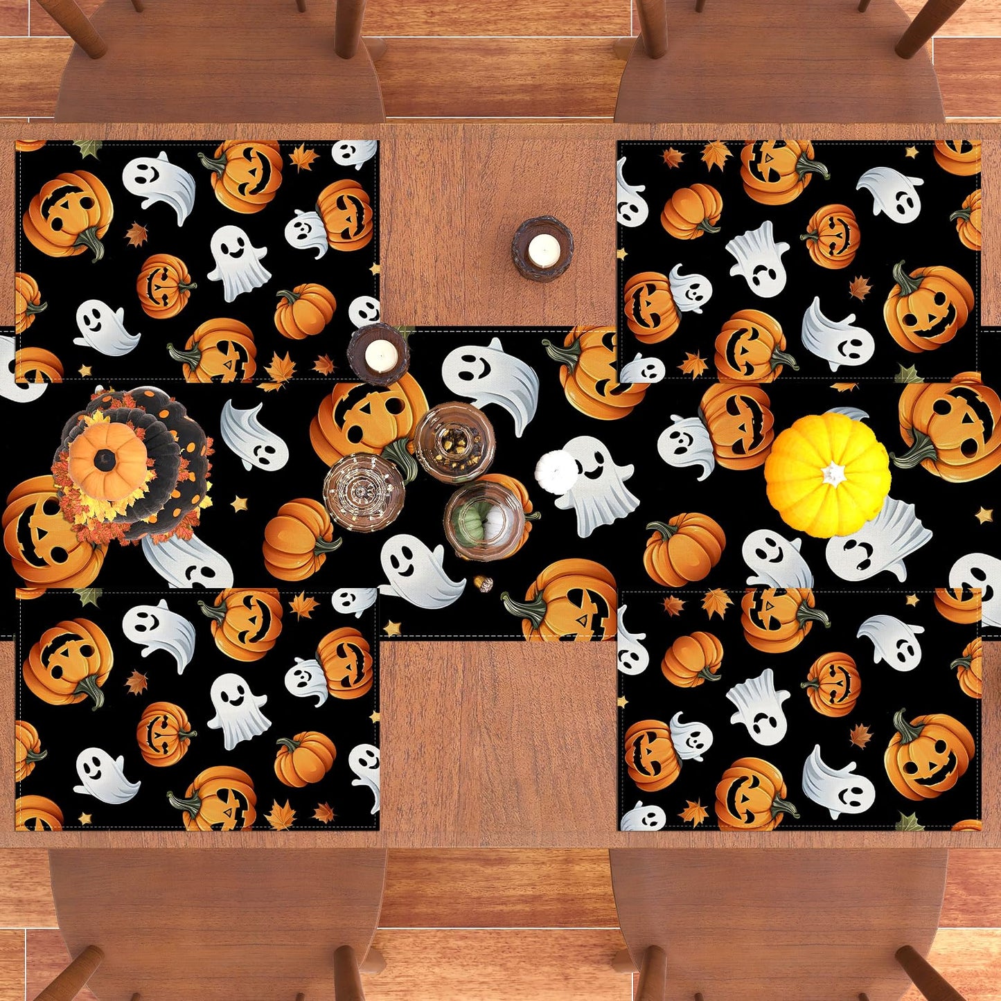 Halloween Ghost Pumpkin Placemats Set of 4 Halloween Day of The Dead Party Decorations and Supplies for Home Kitchen Dining Room Table-12×18''