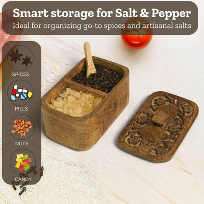 Mie Creations Duet Salt and Pepper Box Cellar with Hand Carved Lid & 2 Spoons, Rustic Wooden Pinch Bowls with 2 large Compartments | Wood Salt Storage Keeper, Spice Bowls for Kitchen Cooking