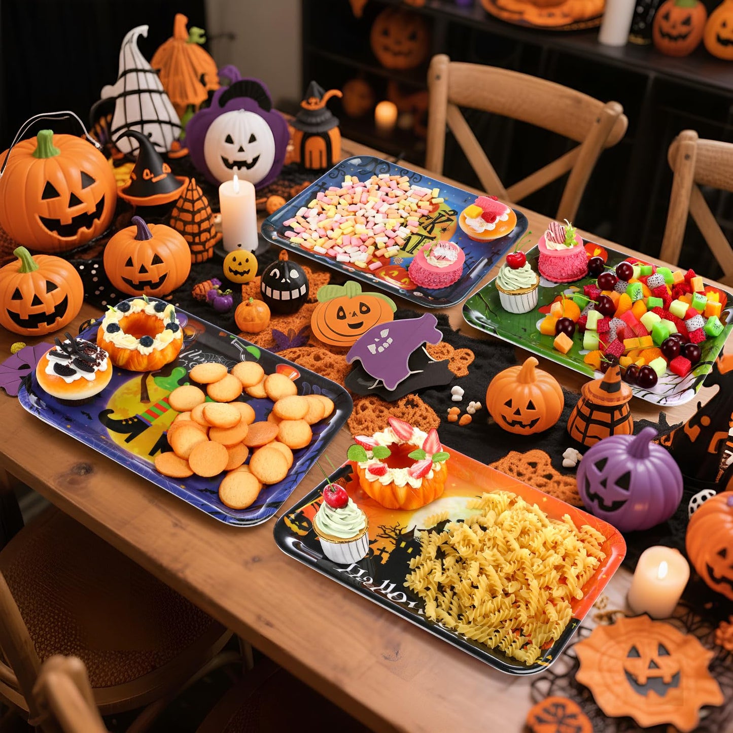 Vesici 4 Pcs 13 x 10 Inch Halloween Serving Trays Set Witch Haunted House Ghost Boo Melamine Platter Reusable Halloween Party Decorations for Trick or Treat Party Serving Food Snacks Cookies Dessert