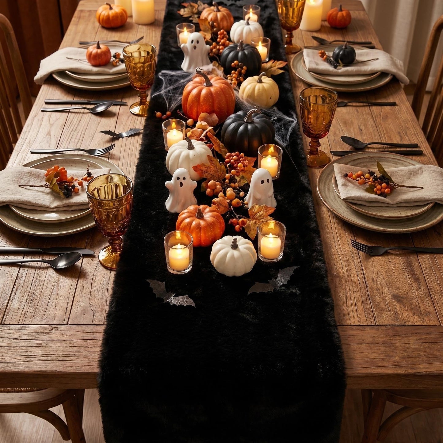 duduta Black Faux Fur Table Runner 48 inches Long, Luxury Fluffy Dresser Runner Nightstand Covers Halloween Wedding Holiday Decor