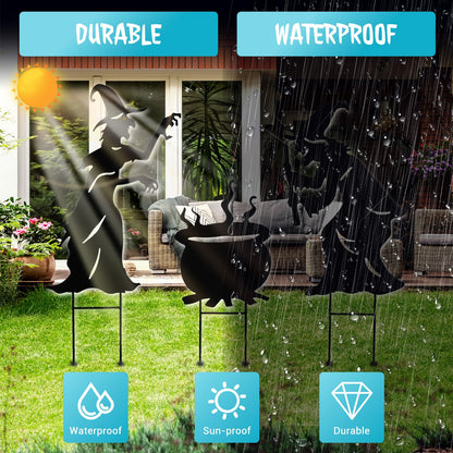Halloween Witch Yard Decorations Witch Silhouette Yard Stakes with Cauldron,Set of 3 Metal Halloween Yard Stakes for Spooky Decorations Garden Lawn