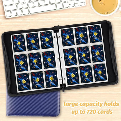 720 Pockets Round Ring Trading Card Binder, 9-Pocket Clear Zipper Card Album with Wrist Strap, Holds 720 Standard TCG Cards Compatible with Sports Baseball Football Game Cards (Dark Blue)