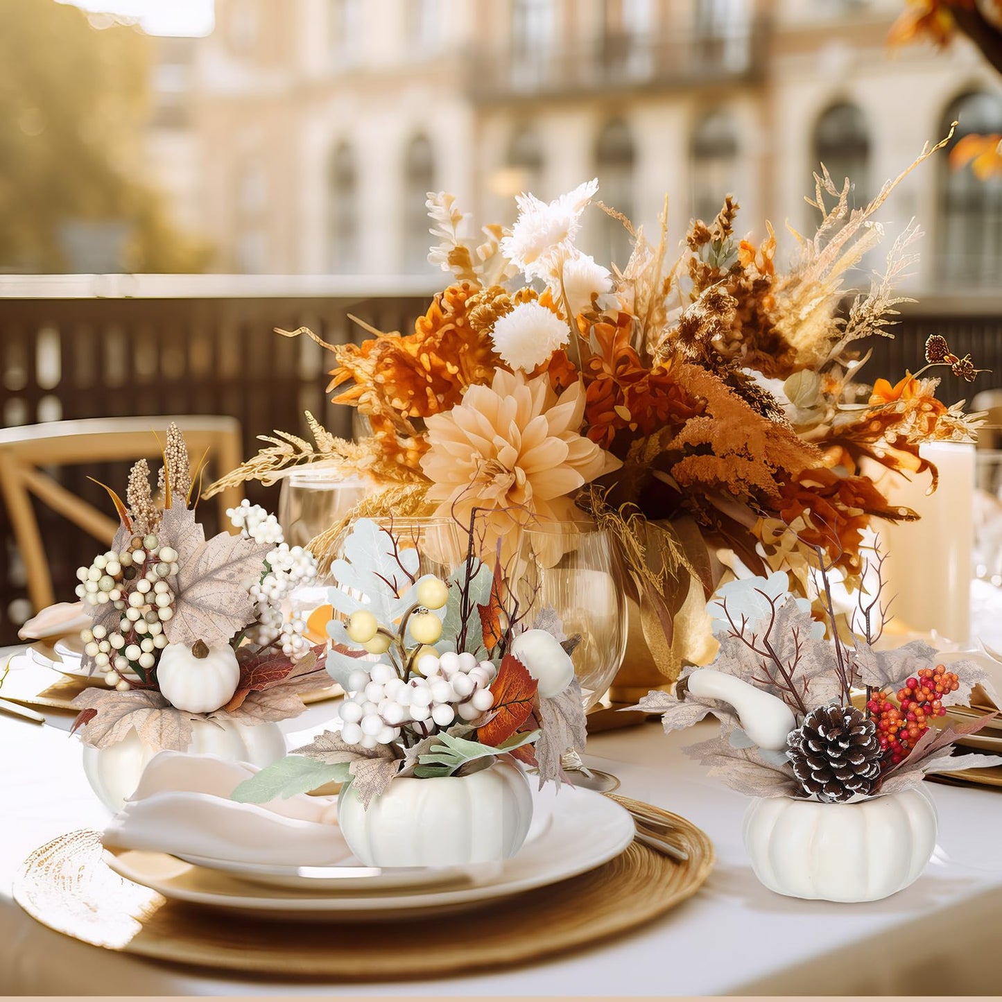 Wavwavw 3 Pcs 9 Inch Fall Artificial Pumpkins Fake Pumpkin Centerpiece Decor Cozy Maple Leaves Styles Farmhouse Neutral Fall Decor Autumn Rustic Thanksgiving Decoration for Home(White)