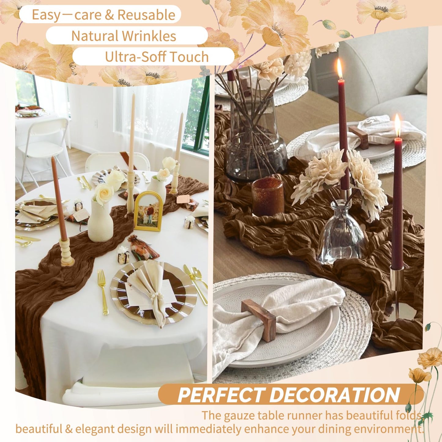 4 Pack Brown Cheesecloth Table Runner 17 x 108 inch Boho Gauze Table Runner Rustic Sheer Cheese Cloth Table Decorations for Wedding Party Baby Bridal Shower Birthday Holiday Home