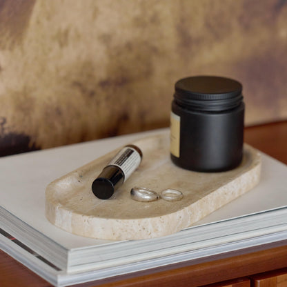 WILD WORKS Natural Travertine Oval Tray - 100% Real Stone Handcrafted, Modern Multi-Purpose Decorative Organizer for Kitchen, Bathroom, Living Room Home Decor