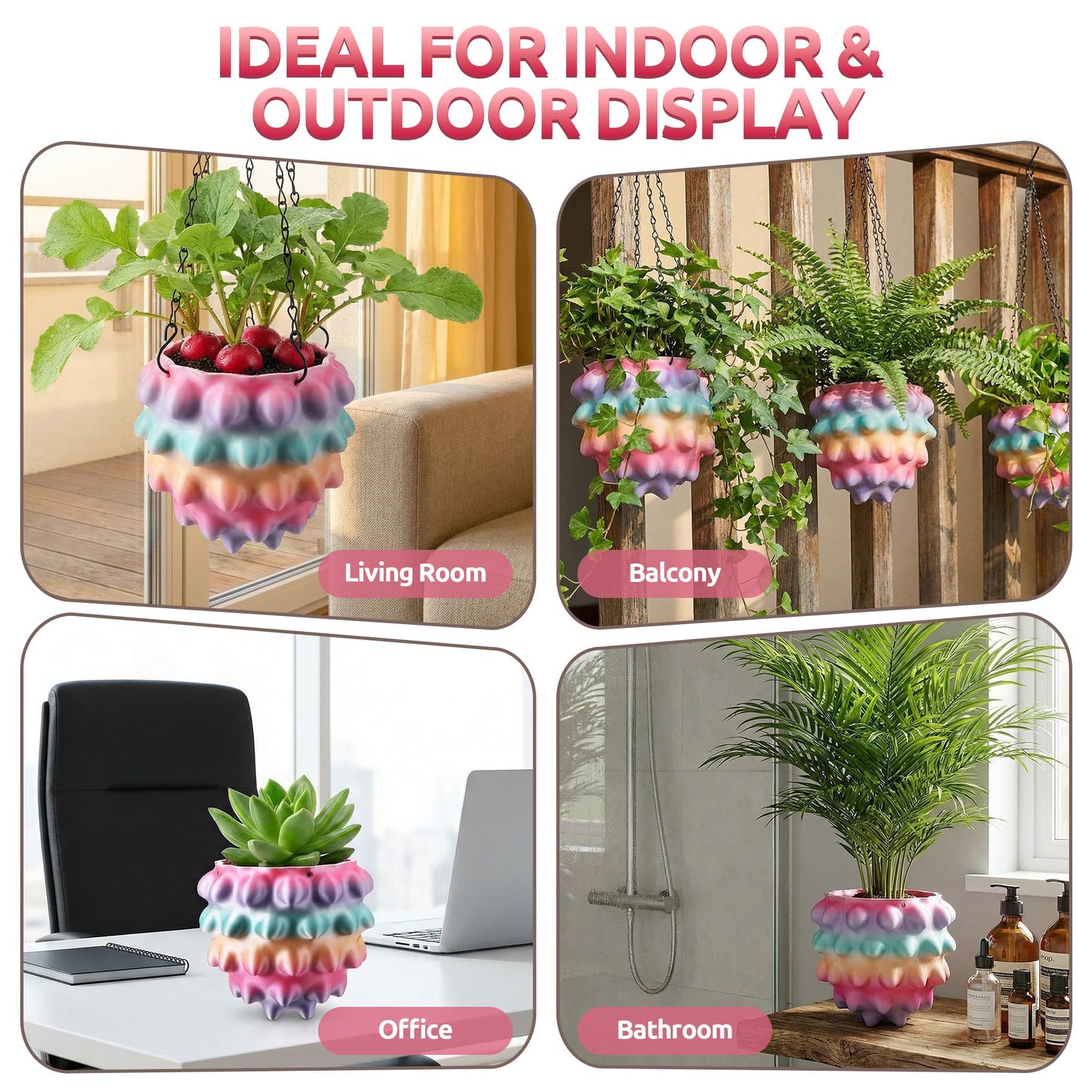 Enhon 7 Inch Hanging Planters for Indoor Plants, Unique Hanging Pots for Plants with Drainage and Hanger Baskets Hangers, Spiked Orb Plant Hanger, Silky Rainbow Finish