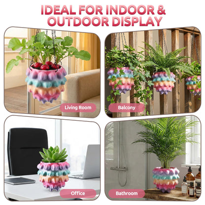 Enhon 7 Inch Hanging Planters for Indoor Plants, Unique Hanging Pots for Plants with Drainage and Hanger Baskets Hangers, Spiked Orb Plant Hanger, Silky Rainbow Finish