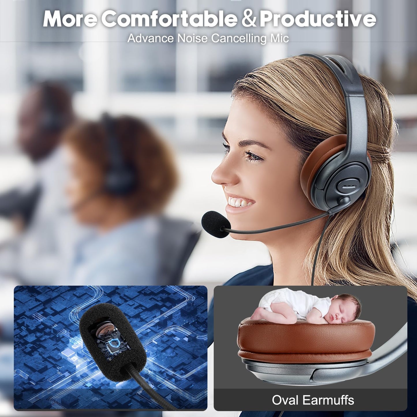 EMAIKER Noise Canceling USB Headphones with Microphone & in-Line Controls for Dragon Dictation, Over Ear PC Headphones for Office Work from Home Skype Teams Zoom Meeting WebEx Softphone