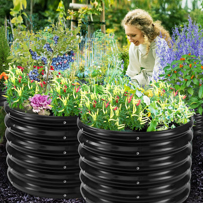 YSEJOMP 17" Tall Round Outdoor Garden Raised Garden Bed Kits-0.8MM Thick Metal Raised Planter Bed/Ground Planter Box for Variety of Flowers,Herbs,Vegetables,Trees (Black, 24 Dia X 16.5 inches)