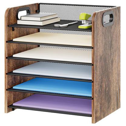 Marbrasse 6 Tier Paper Organizer Letter Tray - Wooden Desk File Organizer with Handle, Paper Sorter Organizer for Letter/A4 Office File Folder Holder