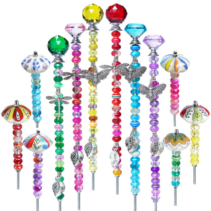 Fairy Wand Garden Stake Beads Kits,Beaded Decorative Garden Stakes Kit, 6 Large(14in) + 6 Mini (6in) Beaded Fairy Garden Stakes with Crysta l& Ceramic Toppers