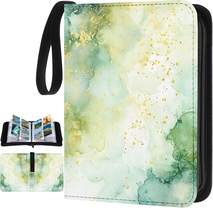 Card Binder 4/9 Pocket PU Waterproof Trading Binder Compatible with Mtg/ygo/tcg for 400/900 Portable Album Holder with Zipper Wristband Card Organizer(Green Marble,9.8 x 7.7 x 2 Inch)