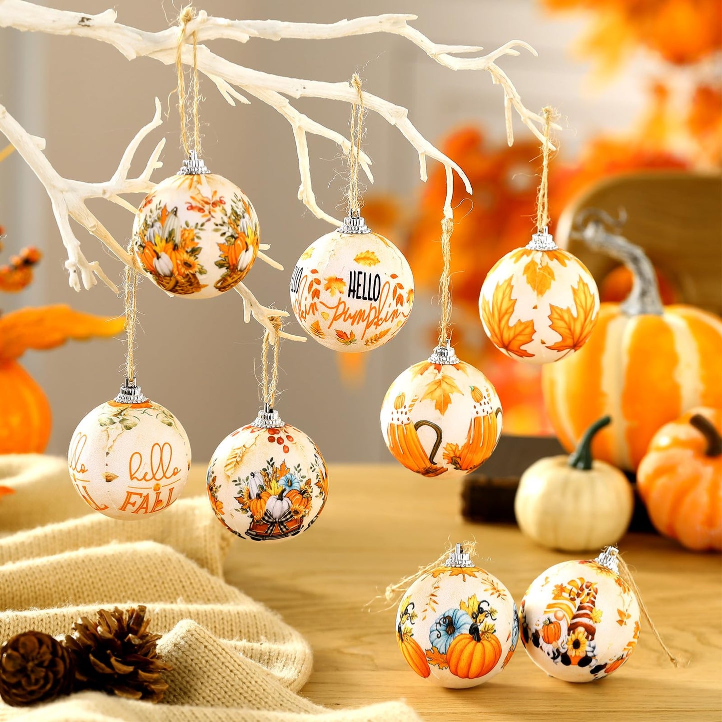 Outus 16 Pcs Thanksgiving Ornaments Ball for Tree Fall Autumn Ball Decorations Pumpkin Maple Leaf Hanging Ornament for Fall Harvest Autumn Home and Holiday Party Supplies