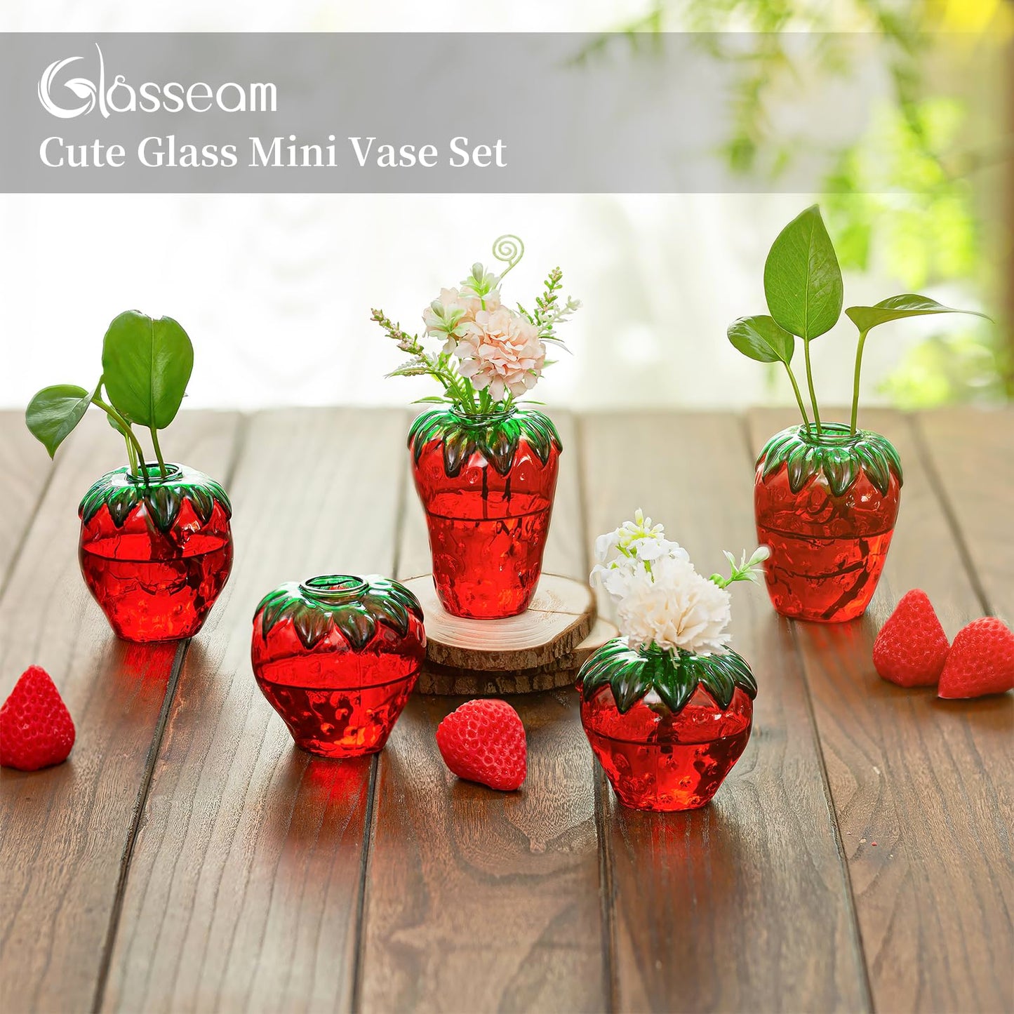 Glass Strawberry Propagation Vase Decor: Glasseam Cute mini vases Propagation Stations for Home - Unique 5Pcs Flower vase Set Terrarium Jar Gifts for Women Friends Mom Birthday Housewarming Holidays