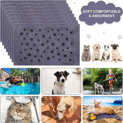 Chumia 8 Pcs Dog Towels for Drying Dogs Cats Pet Towels Bulk Puppy Microfiber Fast Drying Paw Bath Bathing Supplies Absorbent for Medium Pets (40 x 24 Inch,Star,Gray)