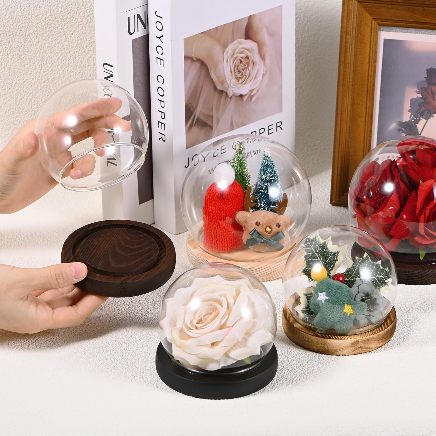 M METERXITY Cloche Glass Dome, D3.9In Ball Jar with Wooden Base for DIY Snow Globes/Small Plants/Flowers/Candles/Models/Souvenirs, Glass Display Case [Wood]