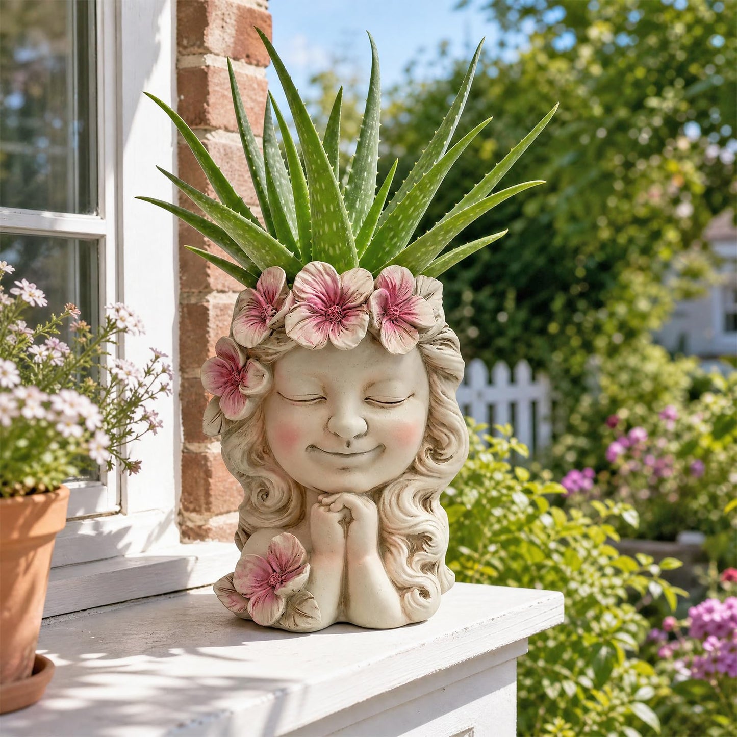 Mrlikale Flower Girl Head Planter Pot, Resin Face Planter for Indoor Outdoor Plants, Cute Succulent Pots with Drainage Hole, Decorative Plant Pots for Desk Patio Balcony Home Decor (White)