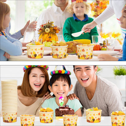 gisgfim 50Pcs Thanksgiving Snack Bowls, Fall Disposable 9 oz Paper Treat Cups Autumn Themed Dessert Bowls Soup Cups for Hot or Cold Food Party Supplies