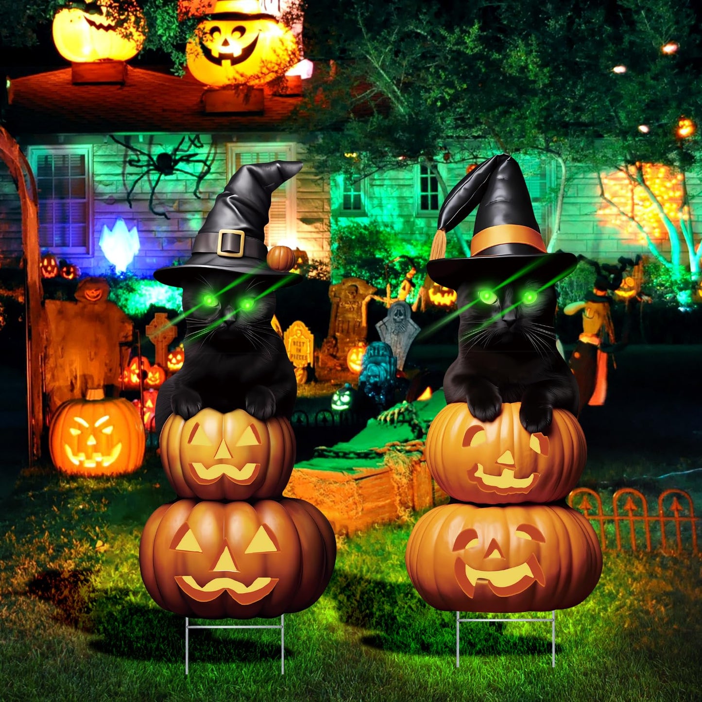 2Pcs 4.0FT Black Cat Halloween Decorations - Plastic Yard Signs With Stakes, Spooky Pumpkin Outdoor Decor, Scary Silhouette With Glow in Dark Eyes for Yard, Lawn, Garden