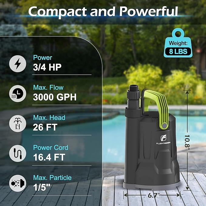 3/4HP 3000GPH Submersible Sump Water Pump, Simple Manual Control for Swimming Pool Garden Pond Basement Draining, with 16.4Ft Cord, Adapters, Check Valve and Rope