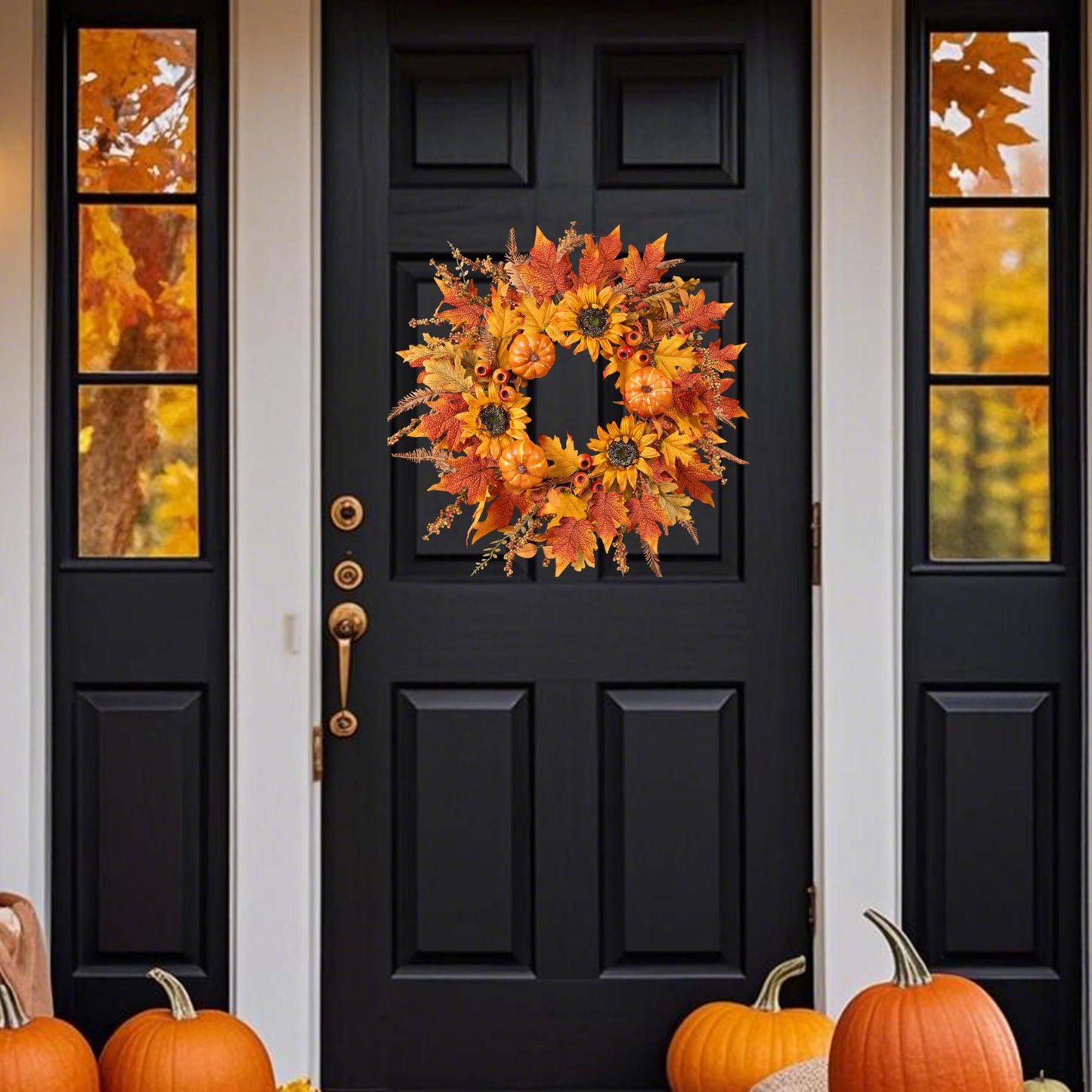 zjlmit Fall Wreaths for Front Door 24 Inch Fall Wreath with Pumpkins Sunflowers Maple Leaves and Orange Red Berries Autumn Wreath for Farmhouse Porch Thanksgiving and Harvest Festival Parties