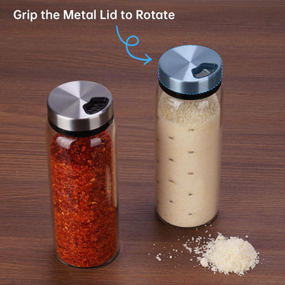 NiHome 2-Pack Spice Shakers with Adjustable Stainless-Steel Lids for Parmesan Cheese, Chili Flakes, Herbs, Salt, Pepper, 10oz Borosilicate Glass Seasoning Dispensers, Easy Refill and Dishwasher Safe