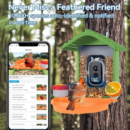 Smart AI Bird Feeder with Camera,2.5K HD Live View,Solar Powered,Instant Birds Species Recognition,Real Time Alerts,Wireless Birdhouse with Night Vision,Ideal Gift,Green