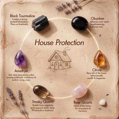 House Protection Crystal Set - 6 Healing Stones for Negative Energy Removal, EMF Cleansing & Spiritual Blessing - New Home Gift with Blessing Card & Gift Box