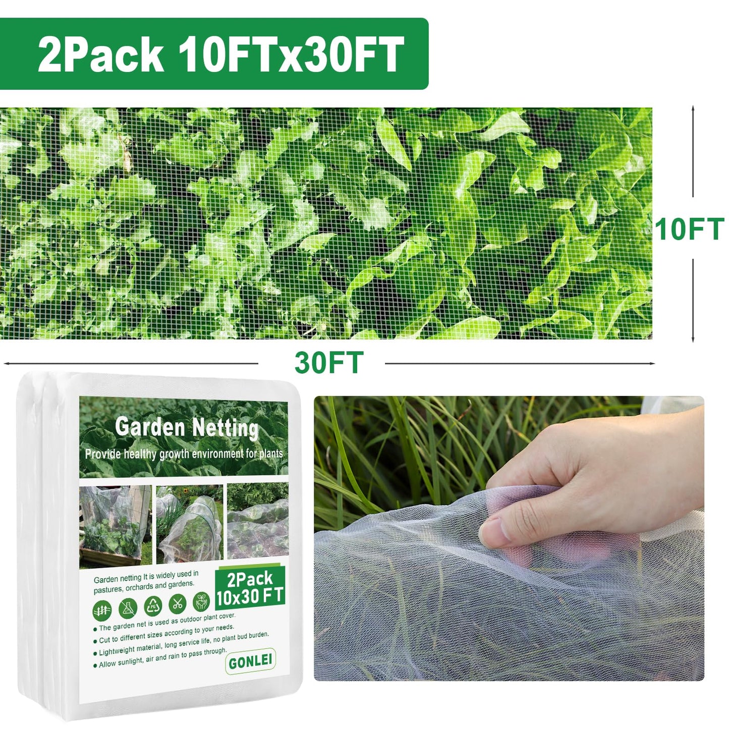 GonLei Garden Netting 2Pack 10X30FTPlants Garden Mesh Berry Netting Outdoor Mosquito Net,Garden Bed Fruit Tree Blueberry Shrubs Netting Plant Covers Row Vegetables Protection Barrier Net