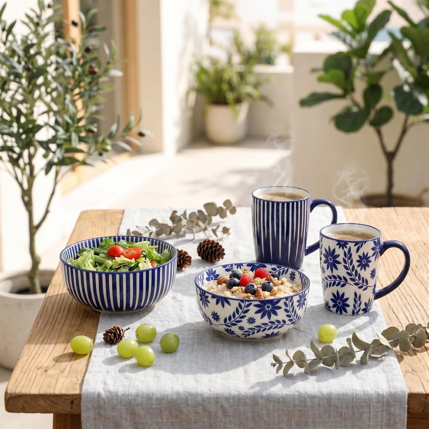JINGUS Ceramic Soup Bowls, 28 Ounces Cereal Bowls for Oatmeal, Dessert and Pasta, Japanese Style Large Rice Bowls Set of 6, Prefect for Kitchen,Gift, Dishwasher & Microwave Safe, Vintage Blue