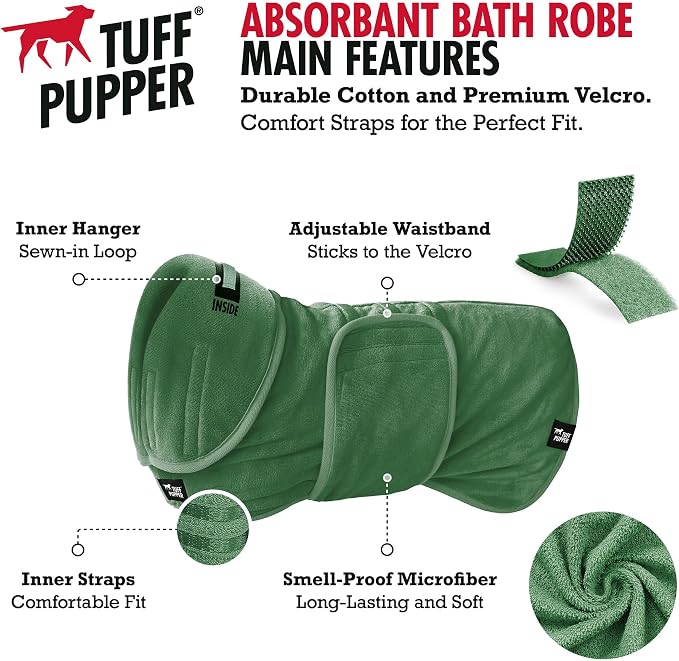 Tuff Pupper Fast Drying Dog Bath Robe | 800 GSM Plush Dog Towel Bathrobe/Dressing Gown | Super Absorbent Pet/Puppy Bathrobe | Adjustable Hood & Belly Strap | Super Soft | Fast Drying (XXXL, Green)