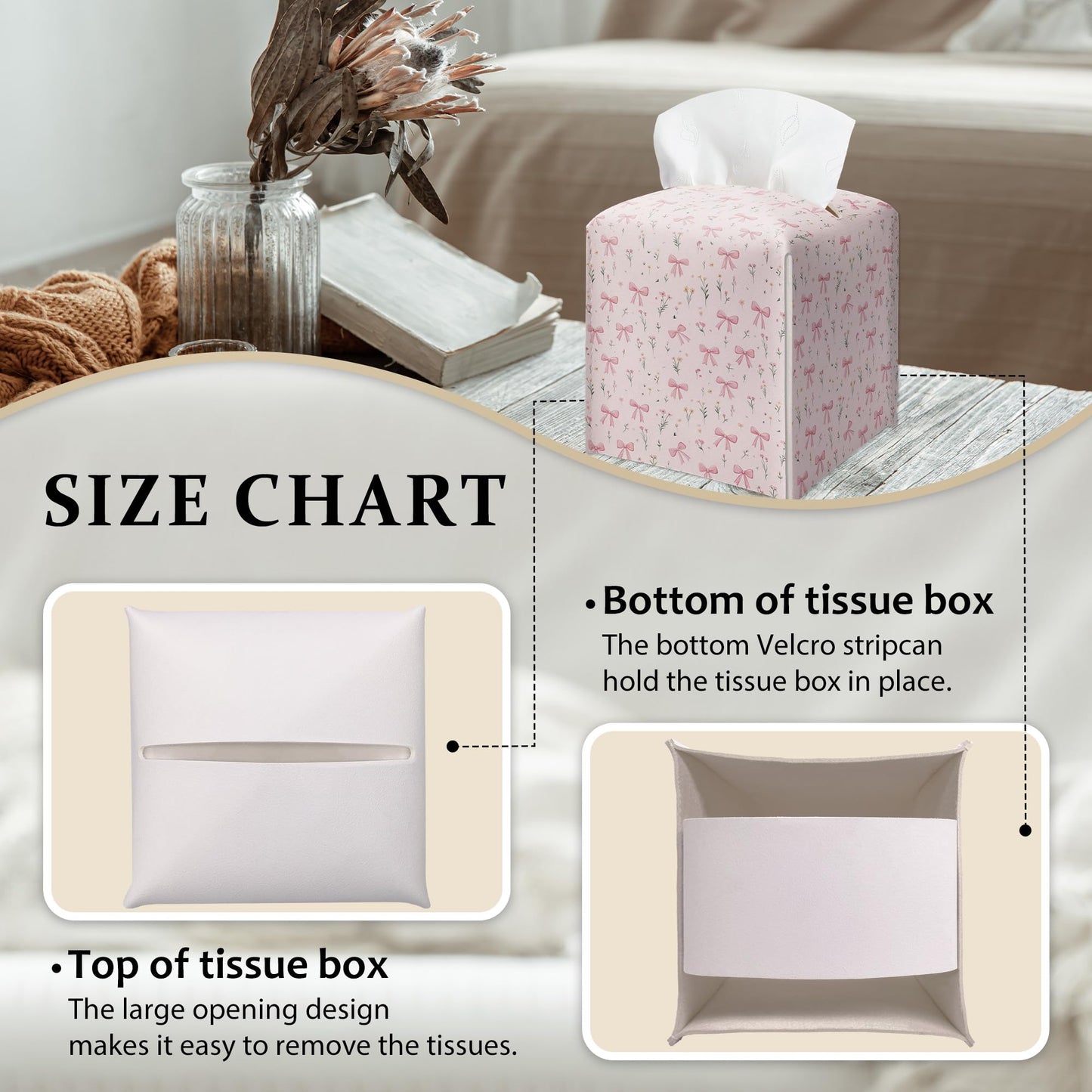 Pink Bows With Ditsy Flowers Tissue Box Cover, Girly Cute Floral Prints Tissue Box Cover Square-Waterproof Leather, Desktop Decor for Kitchen, Bathroom, Nightstand, Office, Gift for Women & Friend-A24