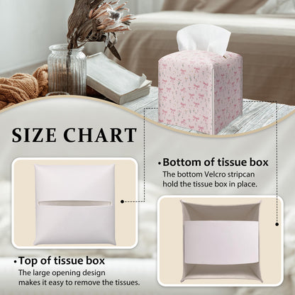 Pink Bows With Ditsy Flowers Tissue Box Cover, Girly Cute Floral Prints Tissue Box Cover Square-Waterproof Leather, Desktop Decor for Kitchen, Bathroom, Nightstand, Office, Gift for Women & Friend-A24