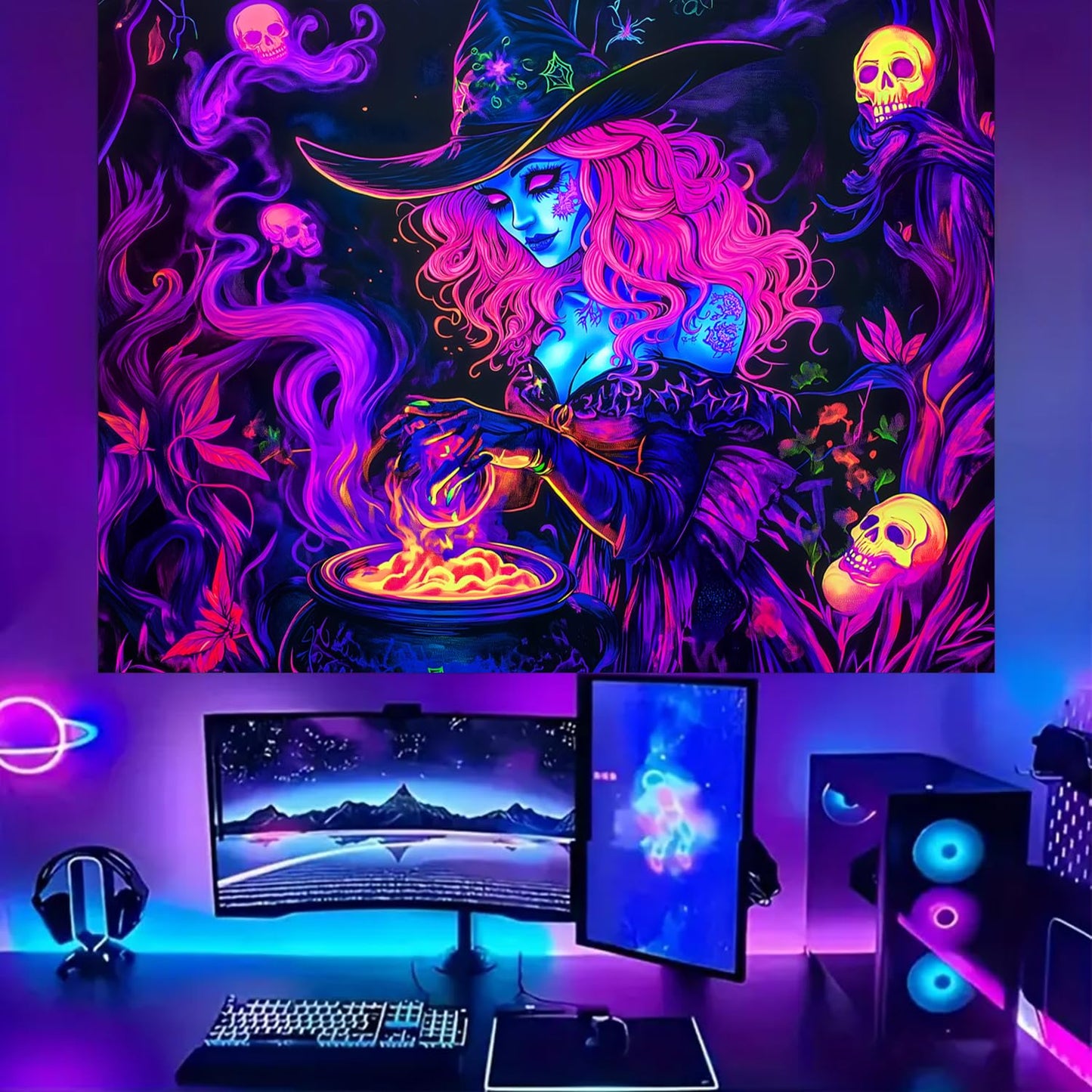 BSFHH Black Light Tapestry – UV Reactive Glow in the Dark Wall Hanging, Spooky Night Scene with Ghosts & Pumpkins, Haunting Home Decor for Parties, Bedroom, or Dorm (Witches, 79L x 59W, Unframed)