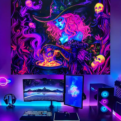 BSFHH Black Light Tapestry – UV Reactive Glow in the Dark Wall Hanging, Spooky Night Scene with Ghosts & Pumpkins, Haunting Home Decor for Parties, Bedroom, or Dorm (Witches, 79L x 59W, Unframed)