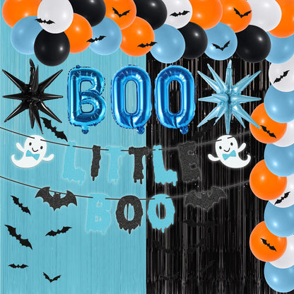 80Pcs Halloween Baby Shower Decorations Spooky Little Boo Baby Shower Party Supplies Blue Black Backdrop 3D Bat Stickers Ghost Banner BOO Explosion Star Balloons for Halloween Birthday Gender Reveal