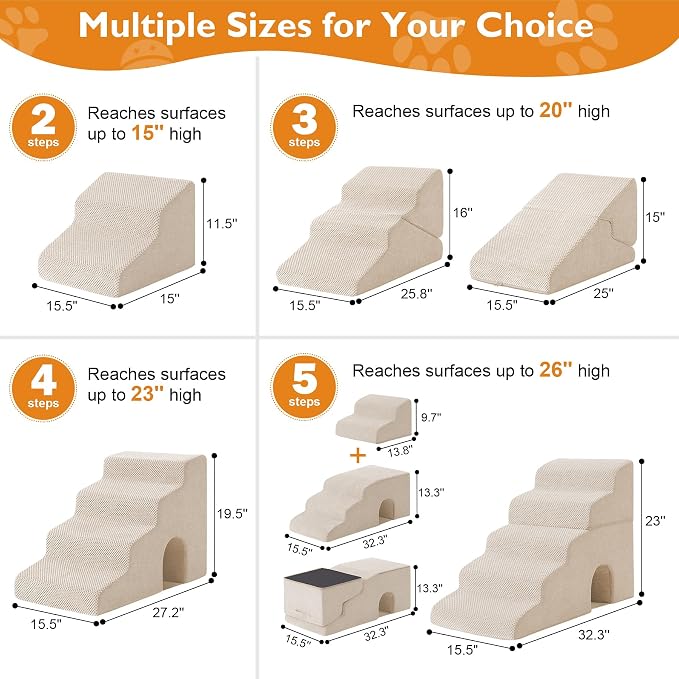 Dog Stairs for Bed 23’’ H, 5-Step Dog Steps for High Bed, Foldable Pet Stairs for Small Dogs and Cats to Get on Beds, Couch, Non-Slip Balanced Pet Steps and Ramp with Waterproof Cover, Beige
