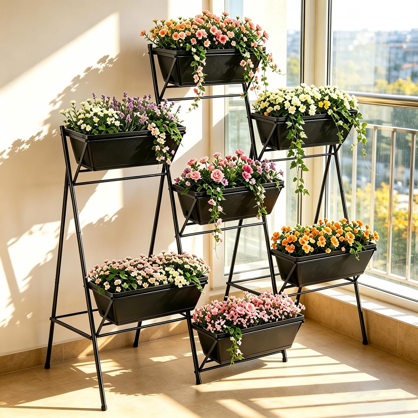 YAHKBTEN Raised Garden Bed Tiered Vertical Garden Planters Outdoor 7 Planter Boxes with Legs Indoor Elevated Herbs Flowers Vegetables Garden Box for Backyard Patio Balcony, Black