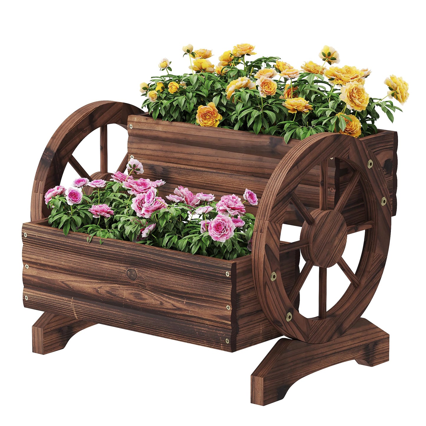FILWH Wooden Wagon Planters for Outdoor Plants, Flower Cart, Wood Planter Boxes Outdoor, Backyard Decor, Flower Planters Outdoor with Wheels Planter for Flowers Vegetables (Carbonized)