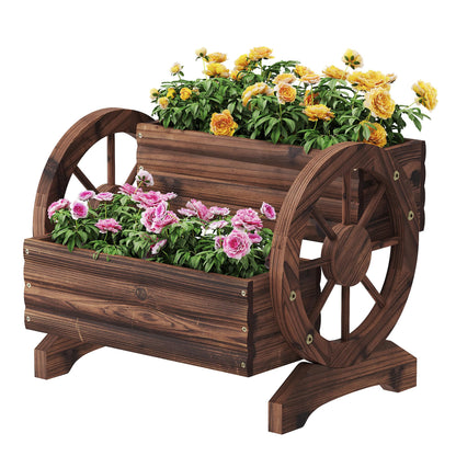 FILWH Wooden Wagon Planters for Outdoor Plants, Flower Cart, Wood Planter Boxes Outdoor, Backyard Decor, Flower Planters Outdoor with Wheels Planter for Flowers Vegetables (Carbonized)