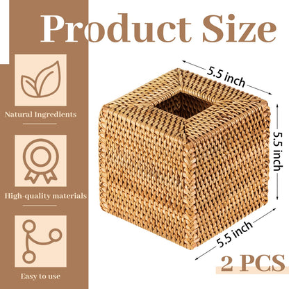 Kigley 2 Pcs Square Rattan Tissue Box Cover Boho Wicker Tissue Cube Box Cover 5.5'' x 5.5'' x 5.5'' Decorative Natural Wicker Hand Woven Napkin Box Holder Bathroom Office Car Accessories (Wood)
