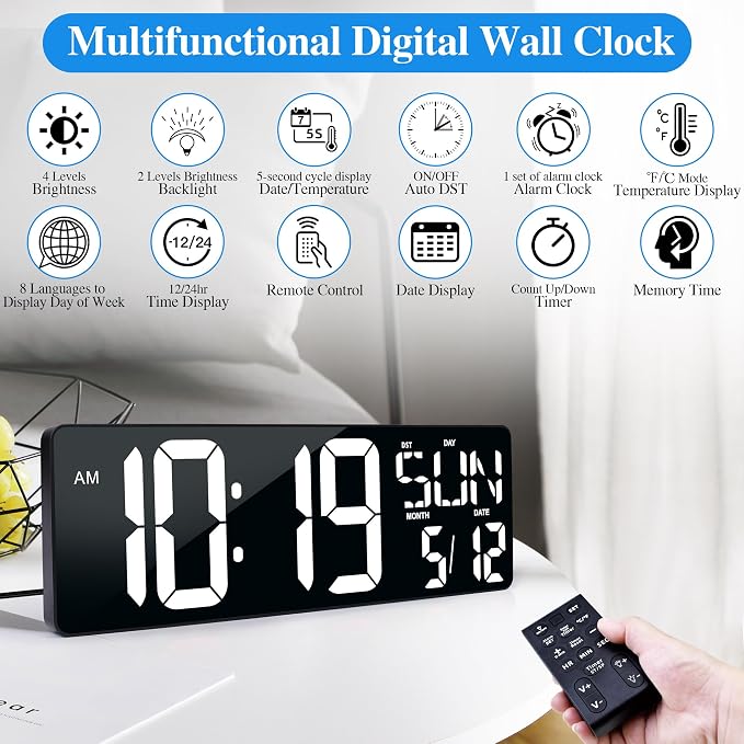 17.2"Large Digital Wall Clock Large Display with Remote Control 180°Visible | Timer with Temperature Date Week Auto DST Adjustable Brightness, for Living Room Classroom Garage Gym Gift for Senior Mom Dad