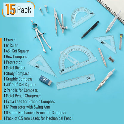 Mr. Pen- Geometry Set, 15 pcs, Light Grey, 6 Inch Swing Arm Protractor, Divider, Set Squares, Ruler, Compasses and Protractor