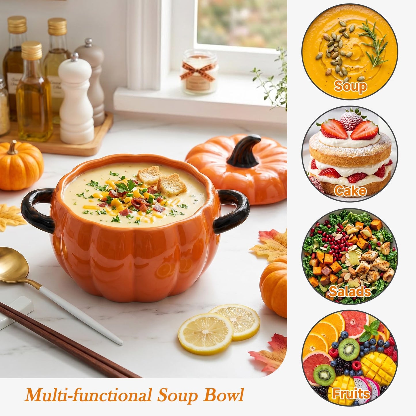 FTNESGYM Pumpkin Soup Bowl, 64oz Ceramic Pumpkin Pot Microwave & Dishwasher Safe Casserole Dish with Lid, Dutch Oven Pot Stockpot Cookware for Home Thanksgiving Halloween Party (Orange)