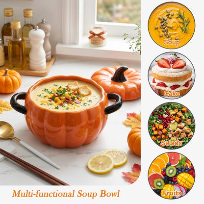FTNESGYM Pumpkin Soup Bowl, 64oz Ceramic Pumpkin Pot Microwave & Dishwasher Safe Casserole Dish with Lid, Dutch Oven Pot Stockpot Cookware for Home Thanksgiving Halloween Party (Orange)