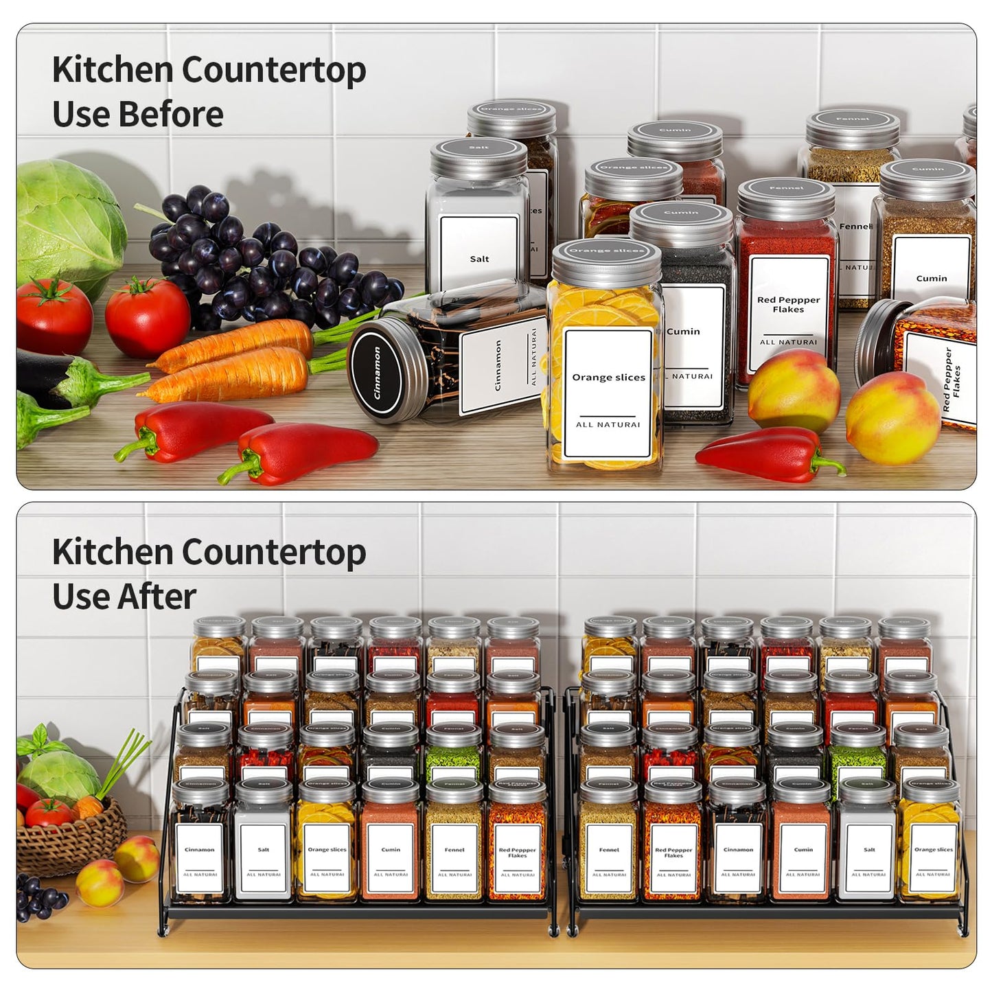4 Tier Spice Rack for Cabinet, Spice Rack Organizer, Depth Adjustable Spice Holder for Countertop, Cupboard, Pantry, Seasoning Shelf, Metal, Black (1 Pack)