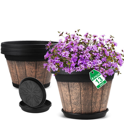 Quarut Large Plastic Plant Pots Set of 4 Pack13 inch,Whiskey Barrel Planters with Drainage Holes & Saucer.Flower Pots Imitation Wine Barrel Design for Indoor & Outdoor Garden Balcony Plants (Brown)
