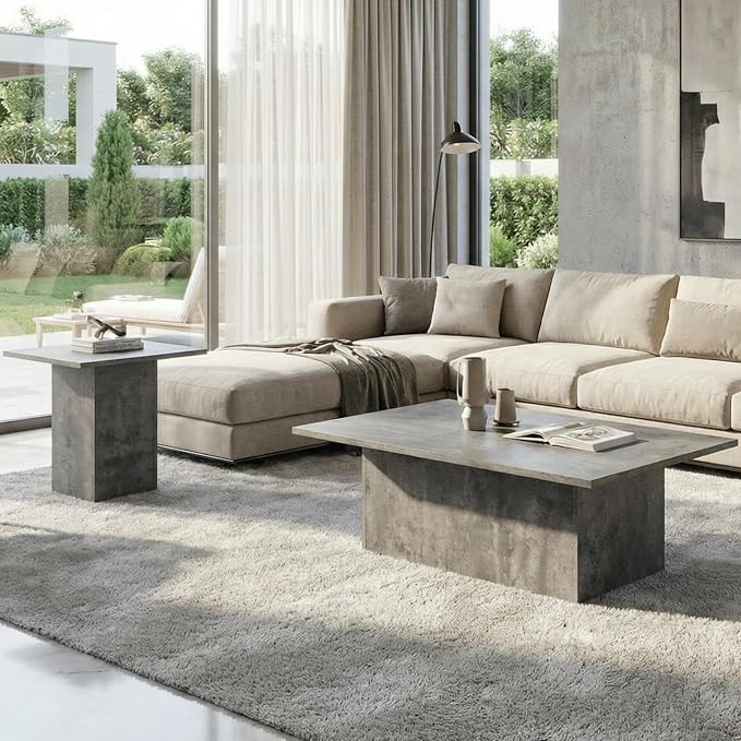 HNY Coffee Table and End Table Set of 2 Modern Square Nesting Coffee Table Grey Wooden Side Table Concrete Texture Finish for Living Room, Reception Room, Home Office,Industrial Minimalist